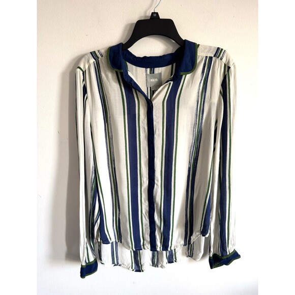 Maeve Anthropologie Blue & Green Stripe Button Down Blouse Top Shirt Sz 14 - Picture 3 of 12